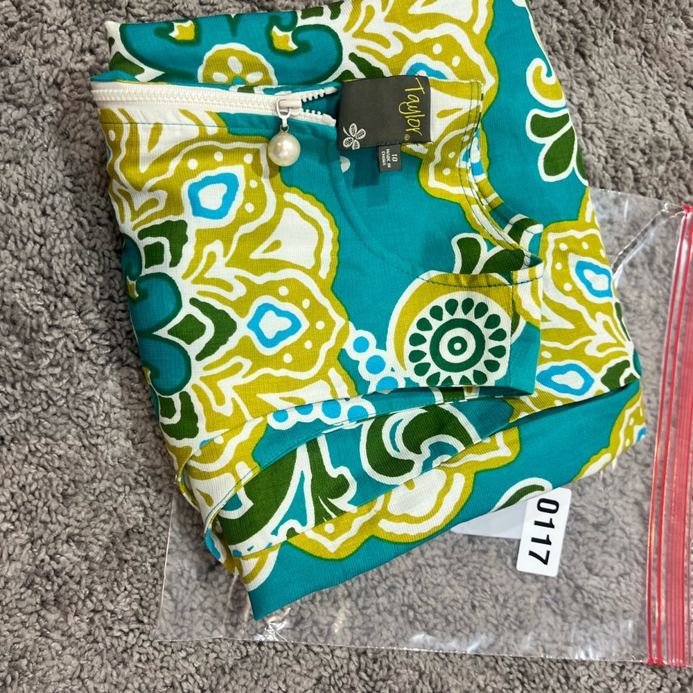 Taylor Women’s Size 10 Linen Silk Blend Zip Front Shift Dress Floral Teal Green - Picture 10 of 10